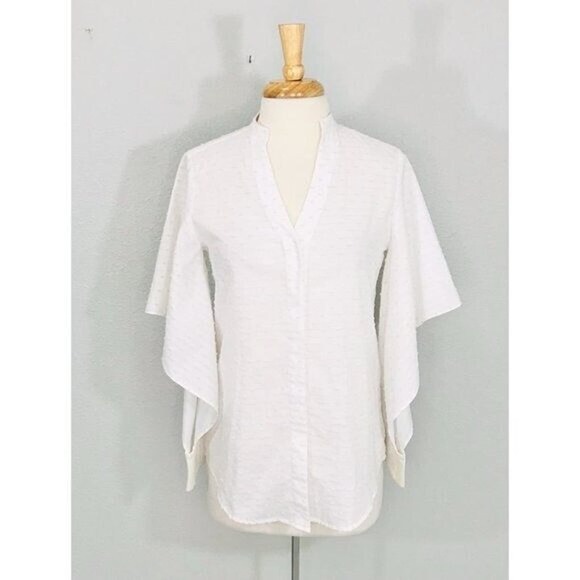 Abbey Glass Top Blouse Casual White Swiss Dot Split Sleeve Button-down, XS - Picture 1 of 12